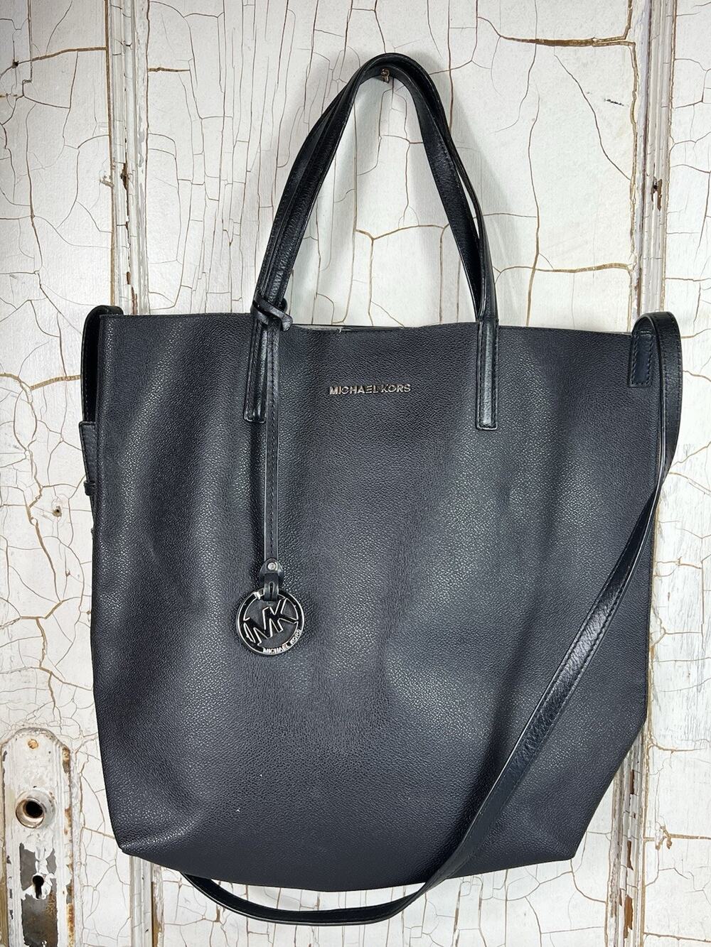 Michael Kors Hayley Black Coated Leather Large Tote Purse Double Handles W Strap